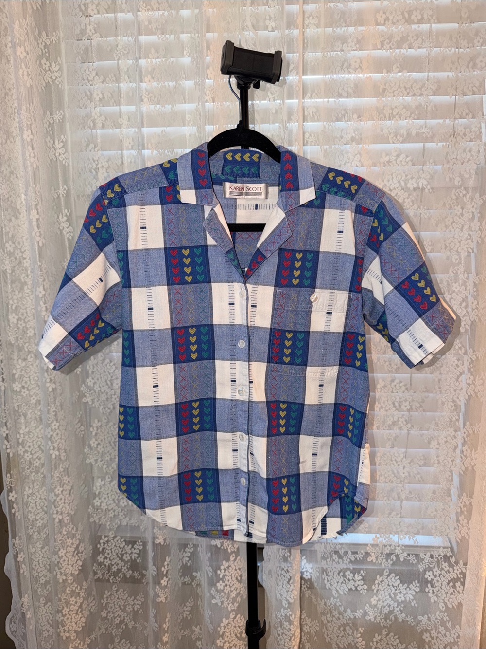 Karen Scott Women’s Blue Plaid Short-Sleeve Button-Up Shirt